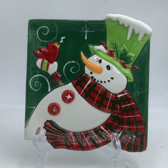 Fitz and Floyd Holly Hat Snowman Snack Plate and Spreader - Picture 3 of 13